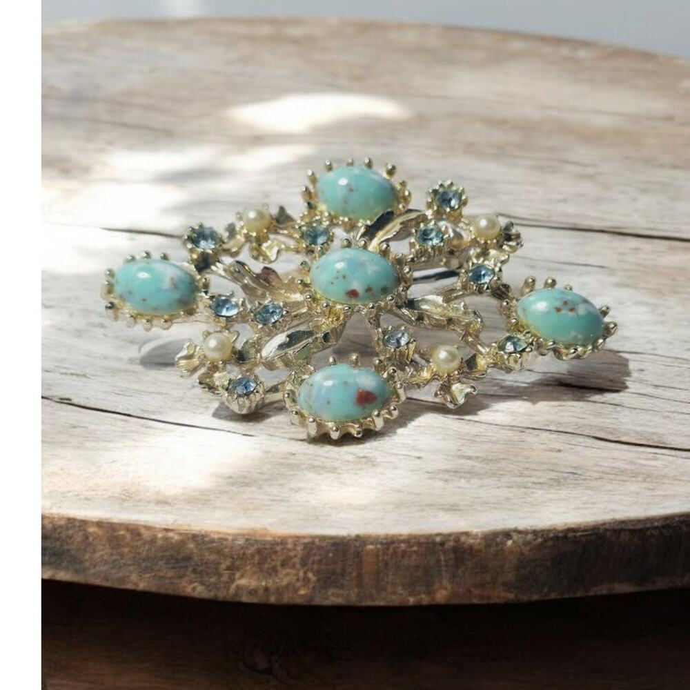 Turquoise Cabochon Floral Cluster Gold Brooch Blue Rhinestone Classic Elegance